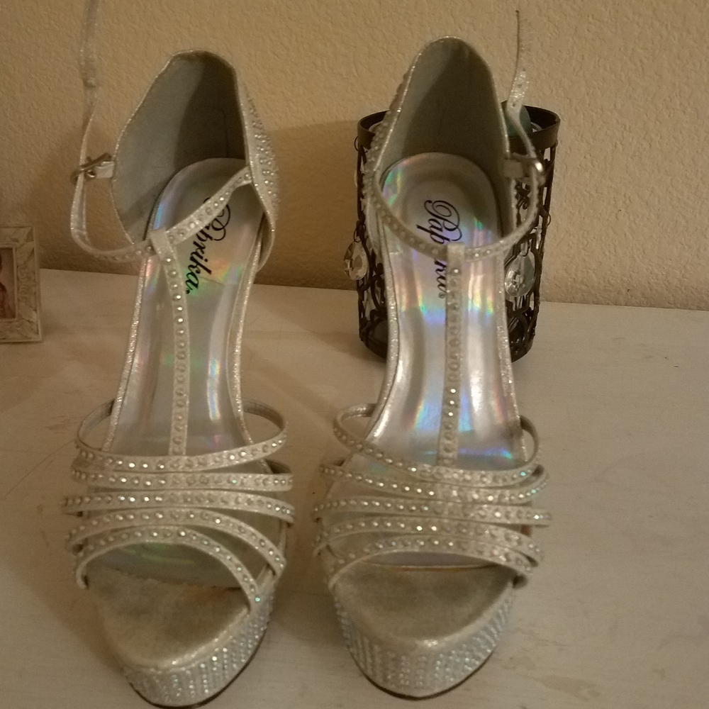 Silver iridescent crystal stiletto platform heels